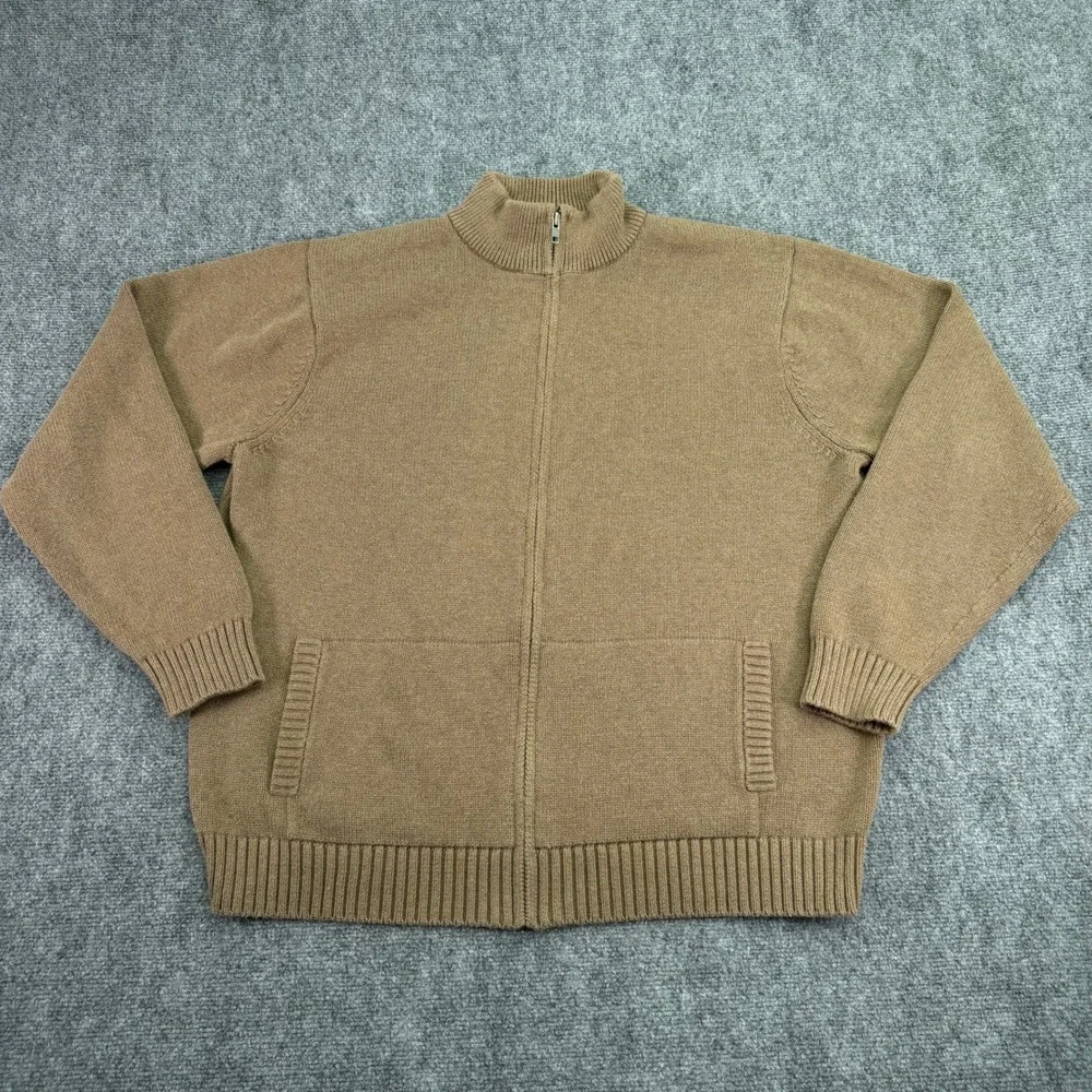 LL Bean Sweater Mens XL Reg Light Brown Cotton Knit Full Zip Mock Neck‎ Pockets